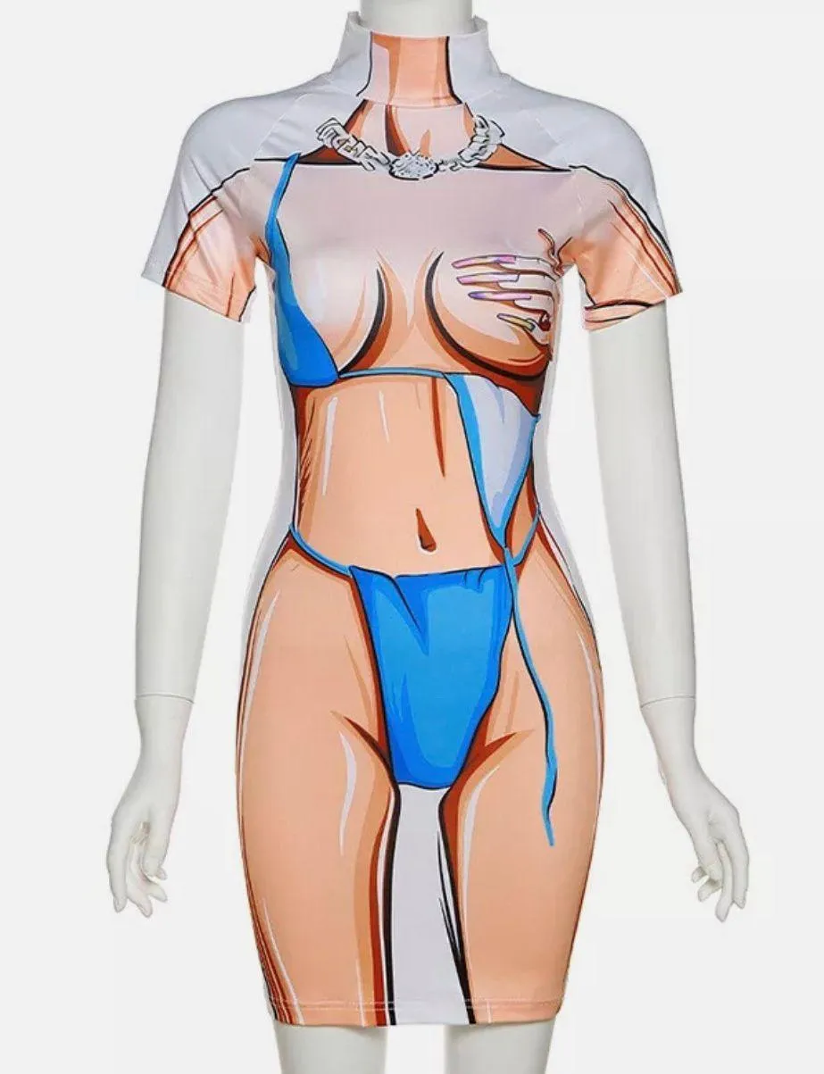 Jireh Body Art Print Turtleneck Short Sleeve Bodycon Mini Dress - Image 2