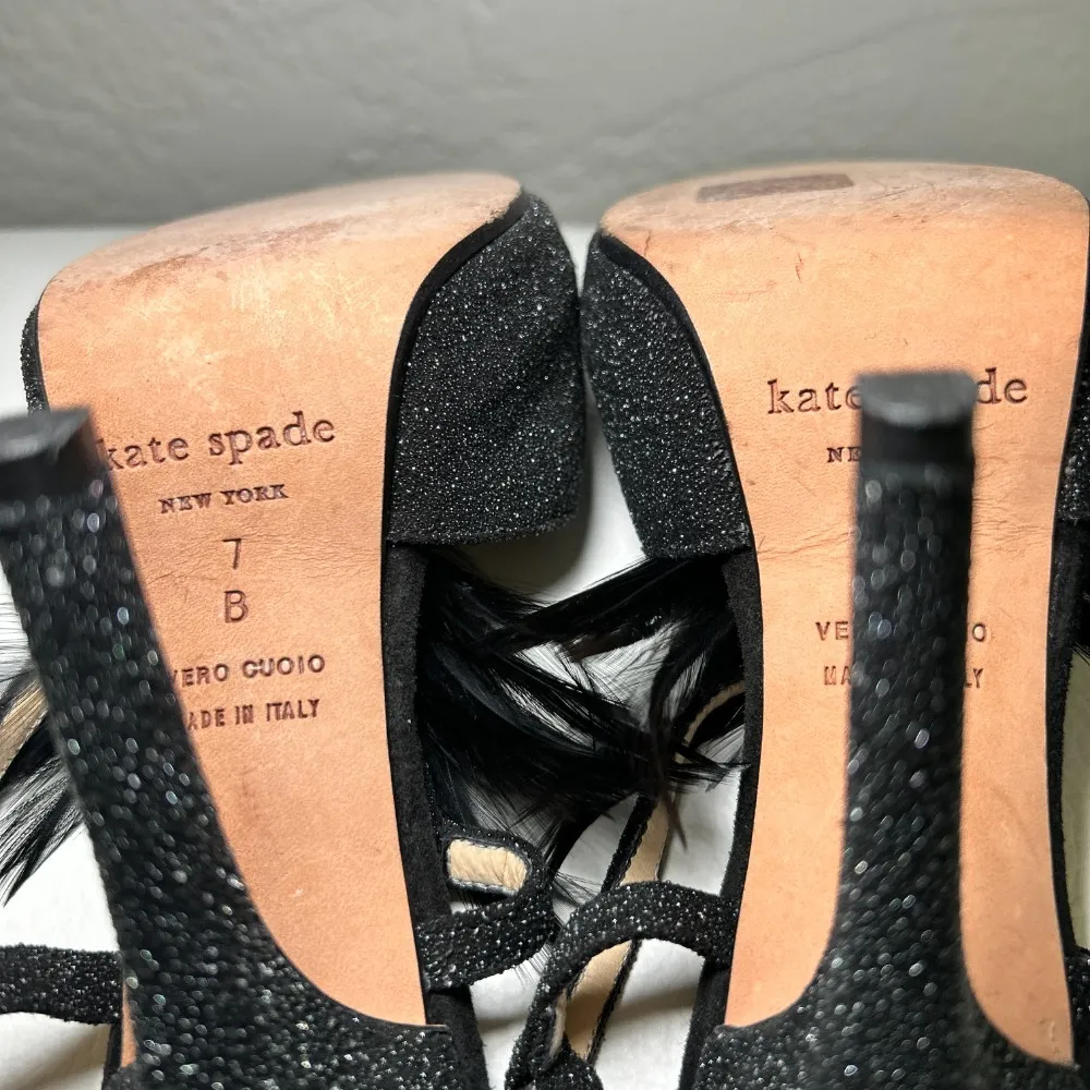 Kate Spade Glitter Feather Black Open Toe‎ Slingback Pumps Heels Size 7 - Image 5