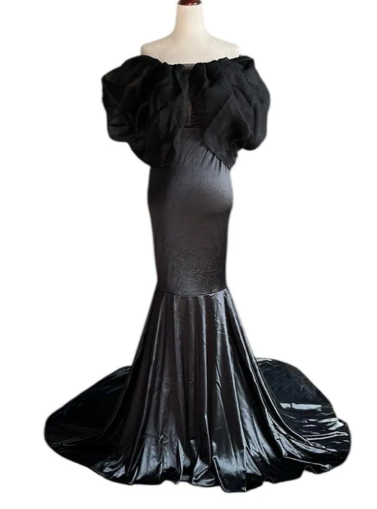 Faeriesty Elegant Off Shoulder Short Sleeve Satin Dress Black - Image 13