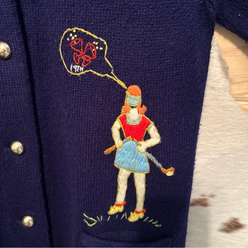 VTG Andreno Argento Womens Large Blue Embroidered Novelty Golf Cardigan - Image 3