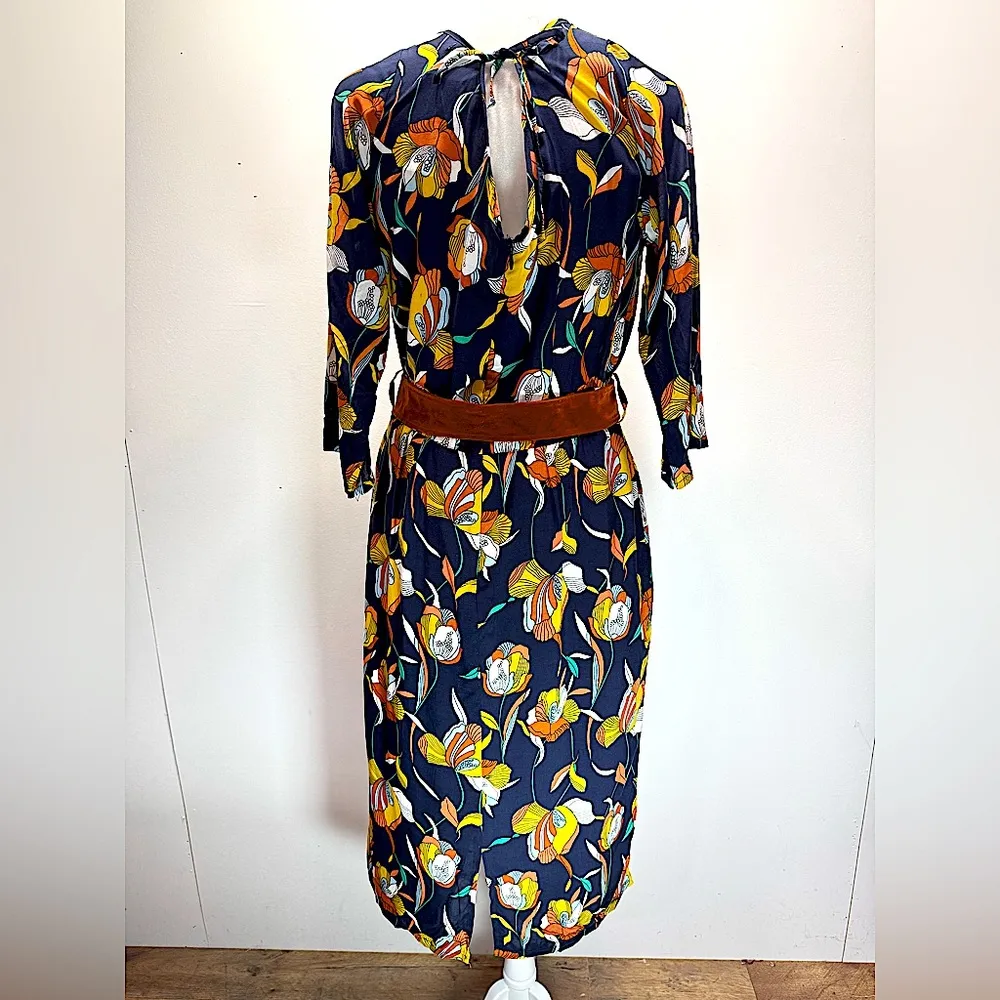 Trollied Dolly Navy Blue Big Retro Tulip 3/4 Sleeve Belted Midi ModCloth Dress Size XL - Image 6