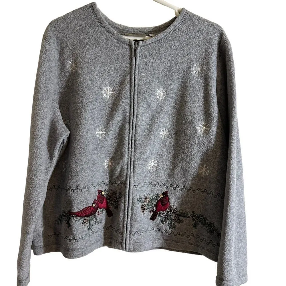 Croft & Barrow Christmas‎ Cardinals Embroidered Gray Full Zip  Fleece Cardigan - Image 2