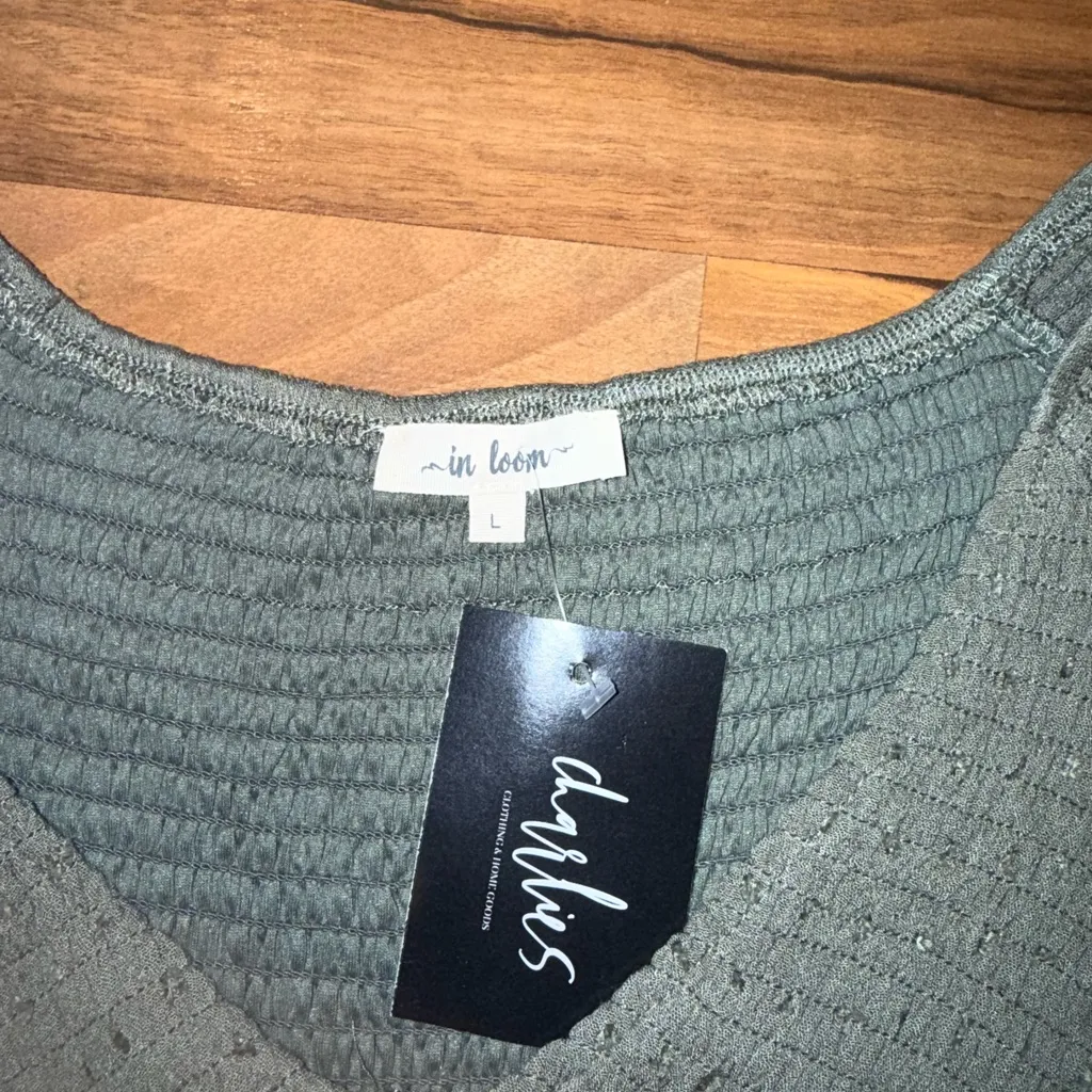 In loom boutique brand top‎ green smoked top baby doll style bottom LG. NWT - Image 2