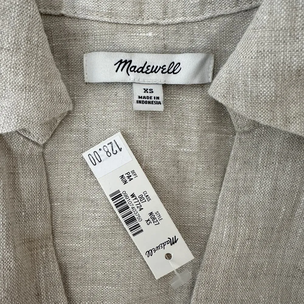 Madewell V Neck Mini Dress 100% Linen Natural Undyed Beige Pockets XS NWT - Image 7
