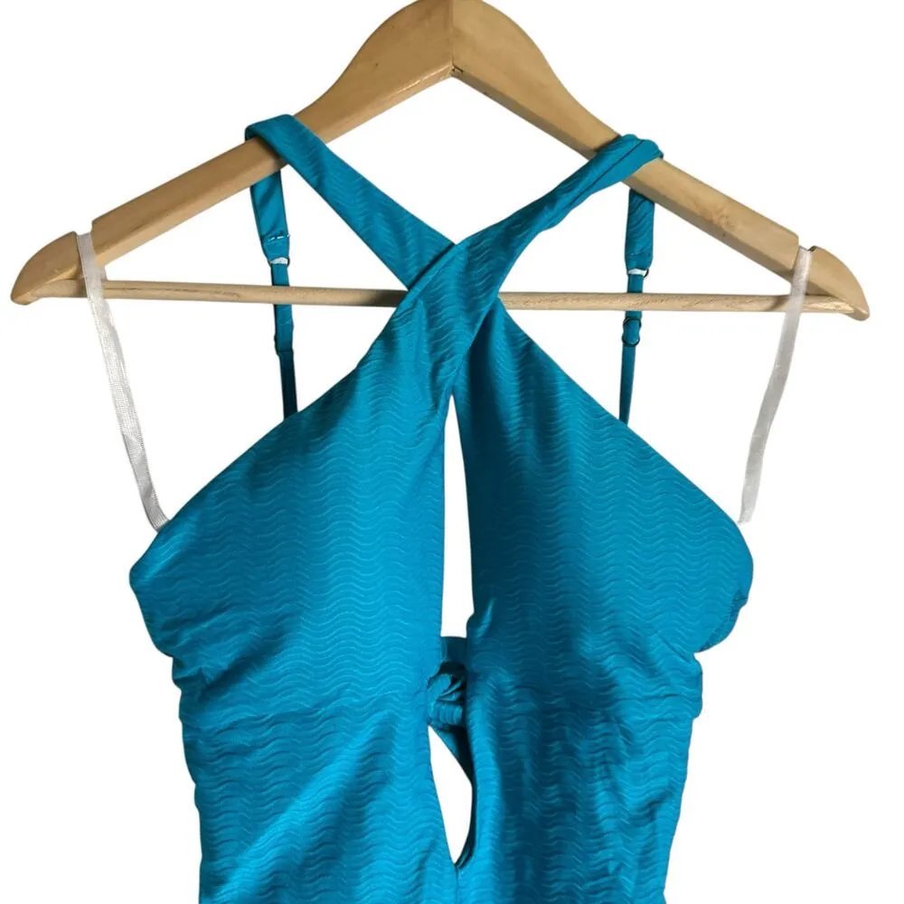 Becca Vibes Tessa Texture Crossover High Neck One-Piece Swimsuit Gulf Blue Small - Image 4