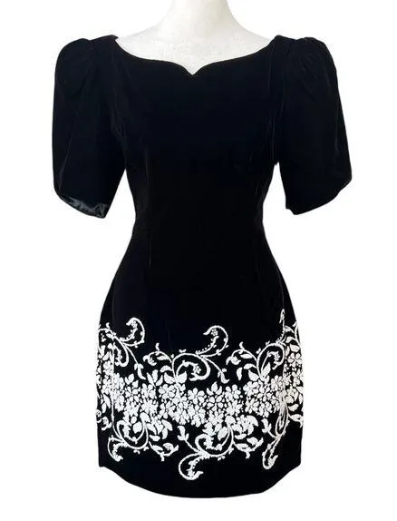JESSICA MCCLINTOCK Gunne Sax Black Velvet Embroidered Puff Sleeve Dress Sz 9/10 - Image 1