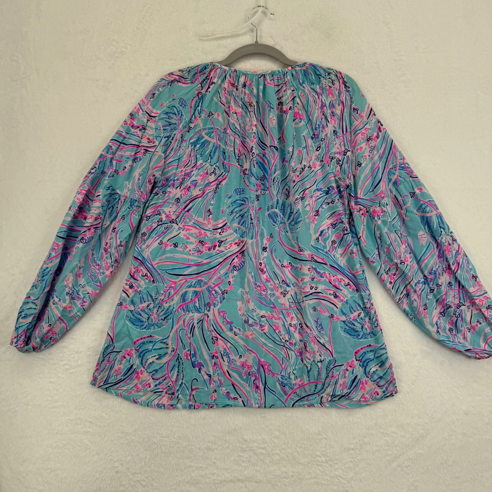 Lilly Pulitzer Winsley XS Top Blouse Lapis‎ Lazuli Horshoe Bay Blue Pink Print - Image 8
