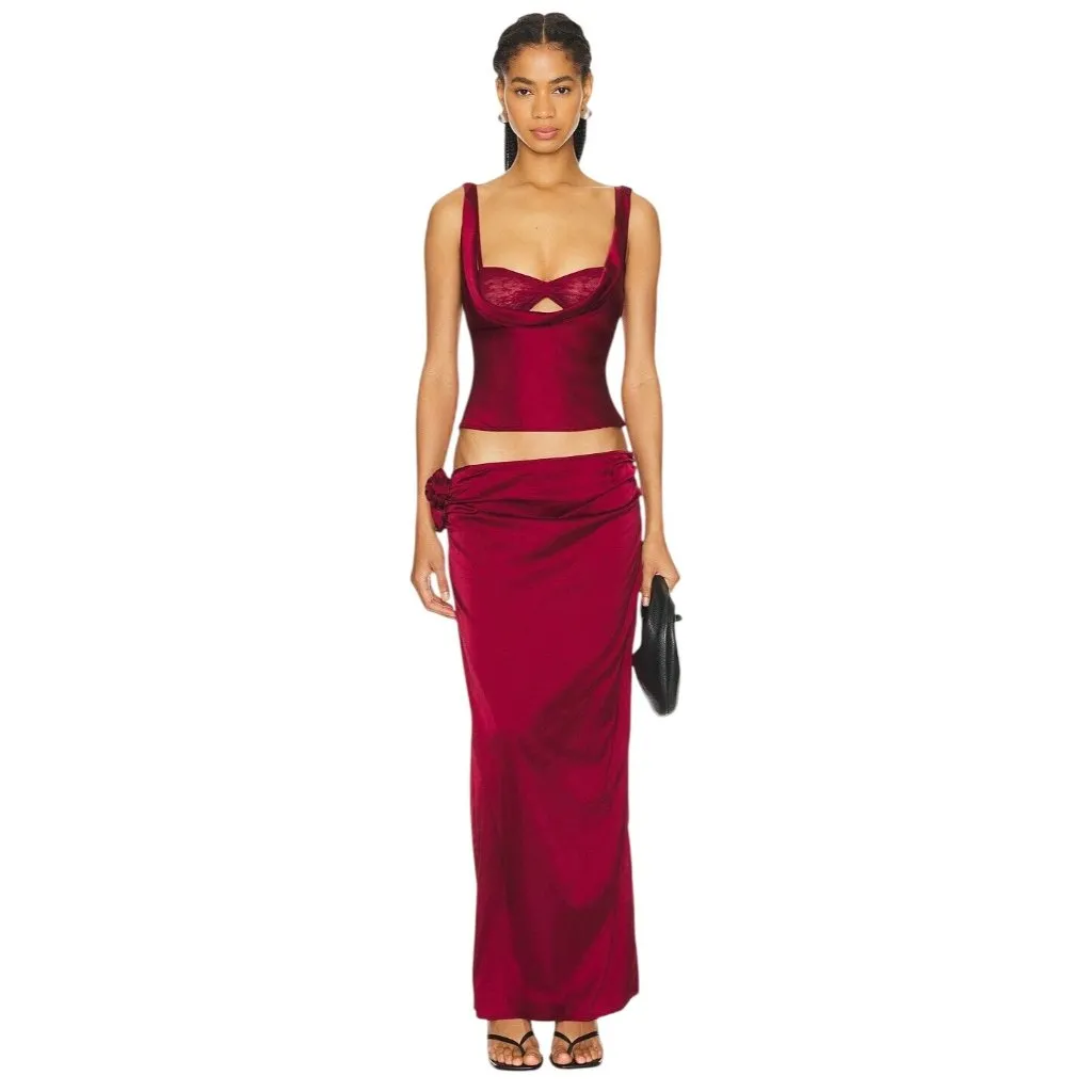LIONESS Delilah Top in Burgundy Small New Womens Satin Tank Blouse - Image 4
