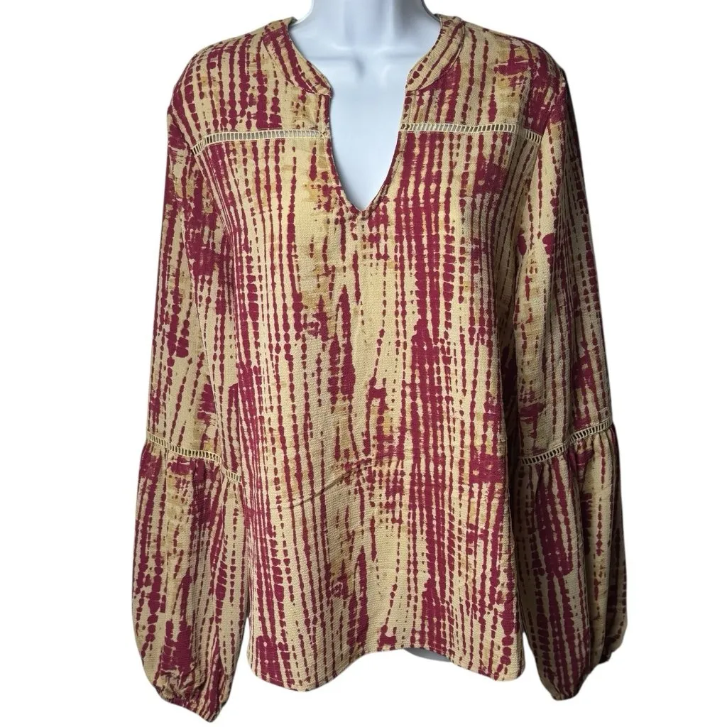 Tea, Please Red Beige‎ Tie Dye Blouse Peasant Bohemian Cottagecore Country L Size L - Image 2