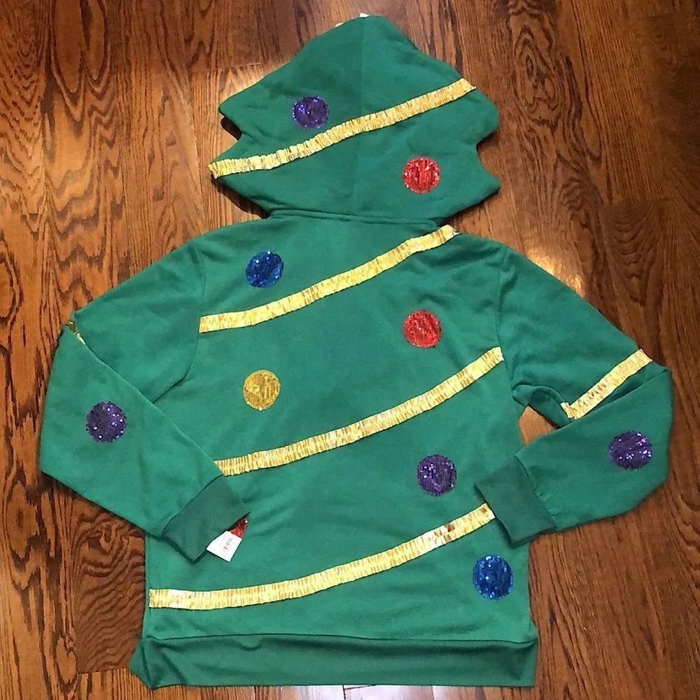 UNISEX Full Zip Sequin Ornaments & Gold Tinsel Christmas Tree w Pocket Sz XL NWT Green - Image 12