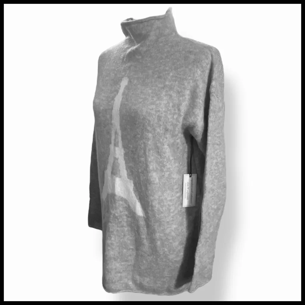 Cupcakes and Cashmere Eiffel Tower Paris Gray Mock Turtleneck Tunic Sweater S - Image 2