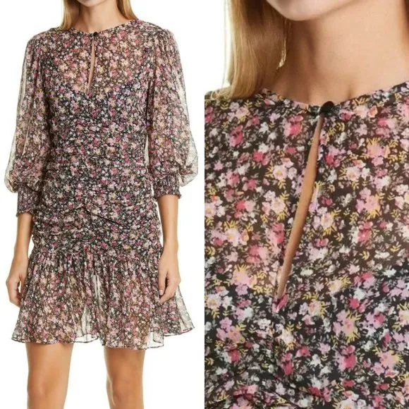 byTimo Ditsy Floral Print Chiffon Flounce Ruched Mini Dress Long Sleeve XS - Image 2