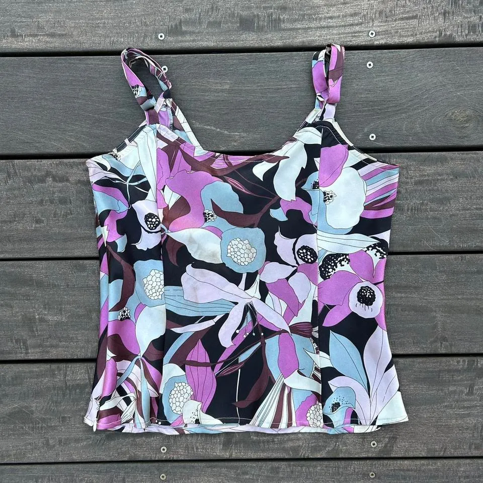 Y2K Vintage Purple/Pink/Blue Floral L Marco V-Neck Tank Top w/ Adjustable Straps - Image 4