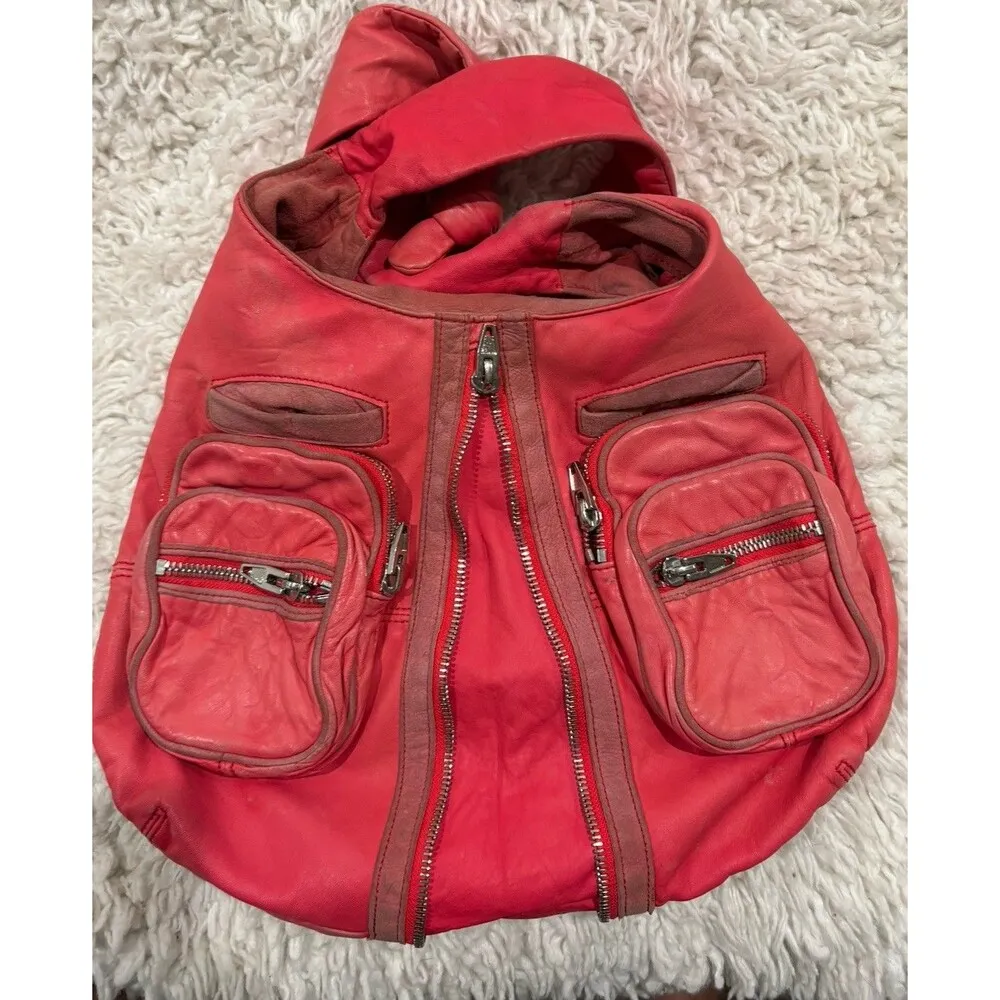 ALEXANDER WANG Donna Red/Pink Distressed Leather Hobo Crossbody Knot Zipper Bag - Image 3