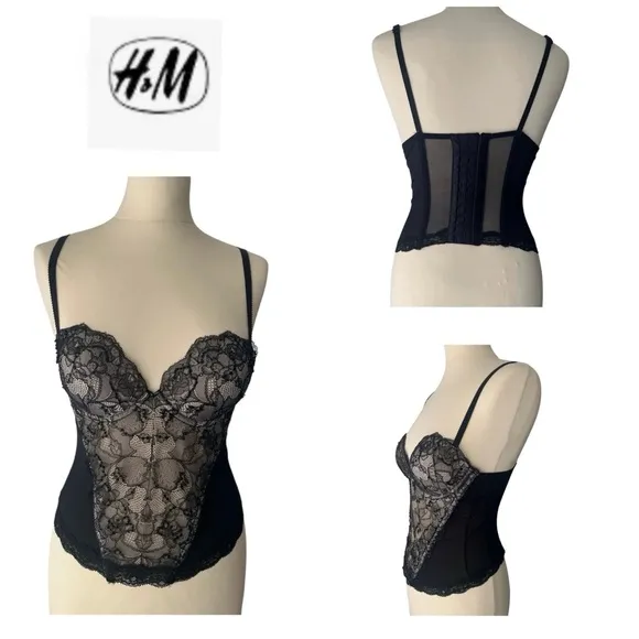 H&M Beaded Black Lace Bustier Bra Corset Top 6 - Image 2