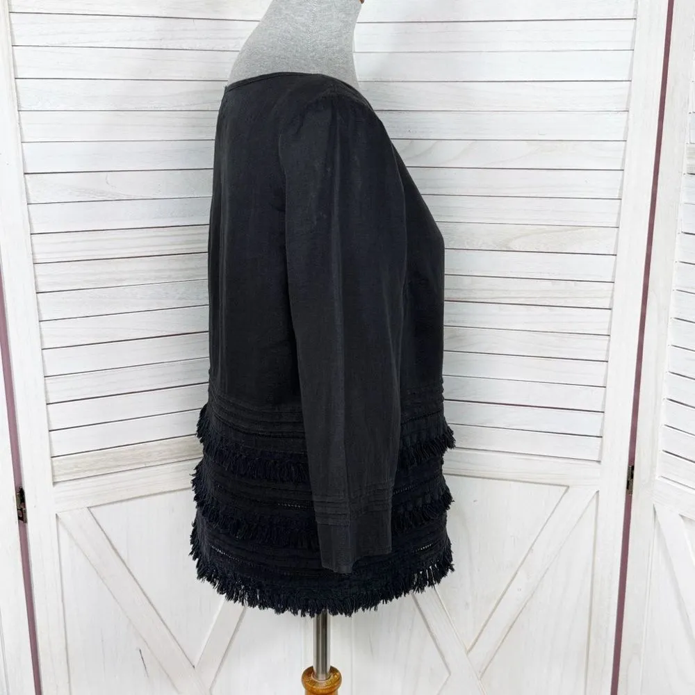 Anthropologie Meadow‎ Rue Olathe Tiered Fringe Hem Linen Boxy Shirt Black Small - Image 3