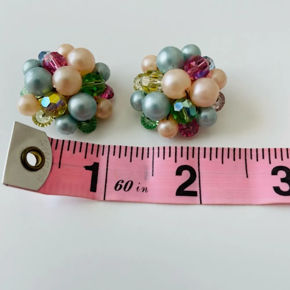 Colorful Pearl Crystal Aurora Borealis Bead Cluster Vintage Statement Earrings Pink - Image 4