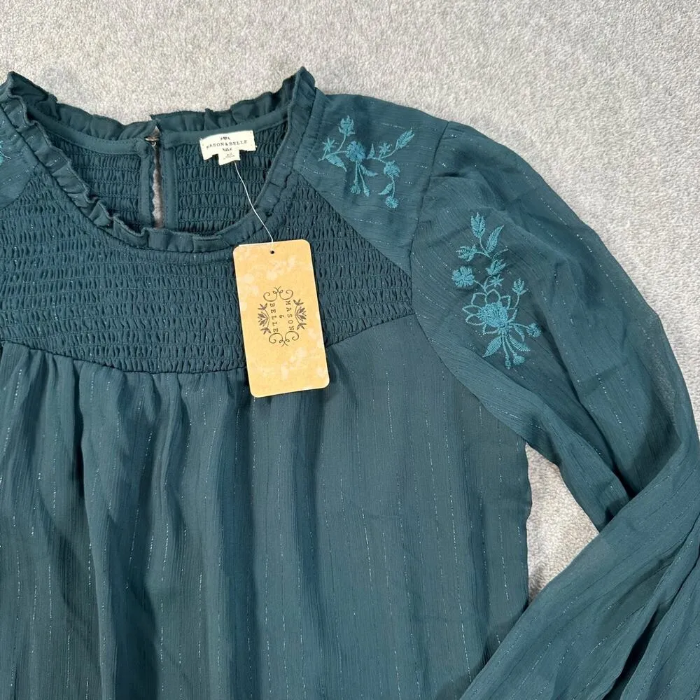 Mason & Belle Embroidered Shoulder Smocked Long Sleeve Blouse Size Medium Green - Image 4