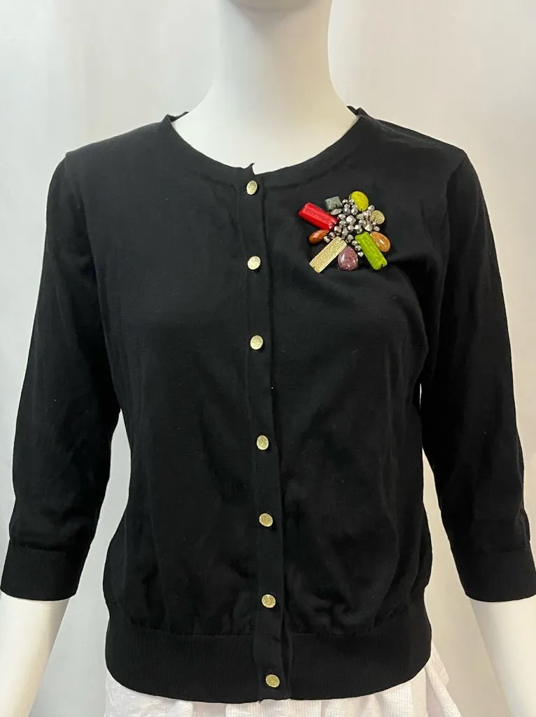 August Silk Black Cardigan Knitwear with attached elegant brooch sparkle buttons - Image 1