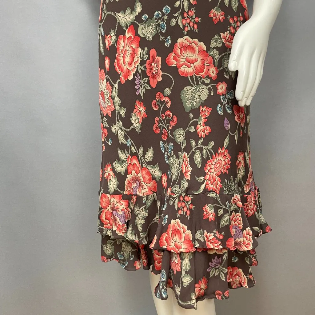 Jones New York Bias Cut Dress Silk Floral ALTERED V-Neck Women Flirty Brown Pink - Image 4