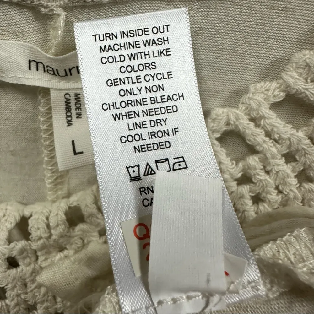 Maurices Oatmeal Macrame Neck Boho Short Sleeve Flowy Tunic Blouse Top Womens L - Image 6