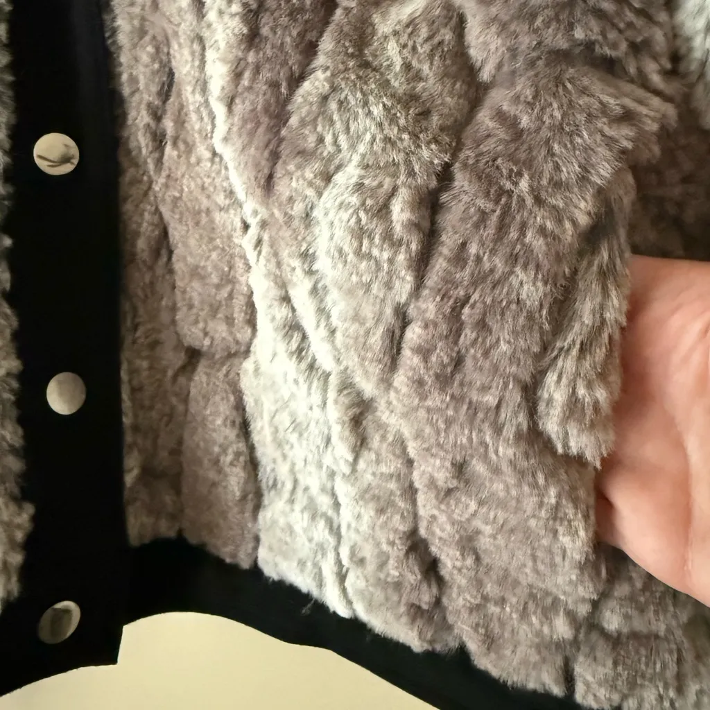 Faux Fur Jacket Silver Snap Button Coat with Black Trim + Pockets by Olivaceous - Image 3