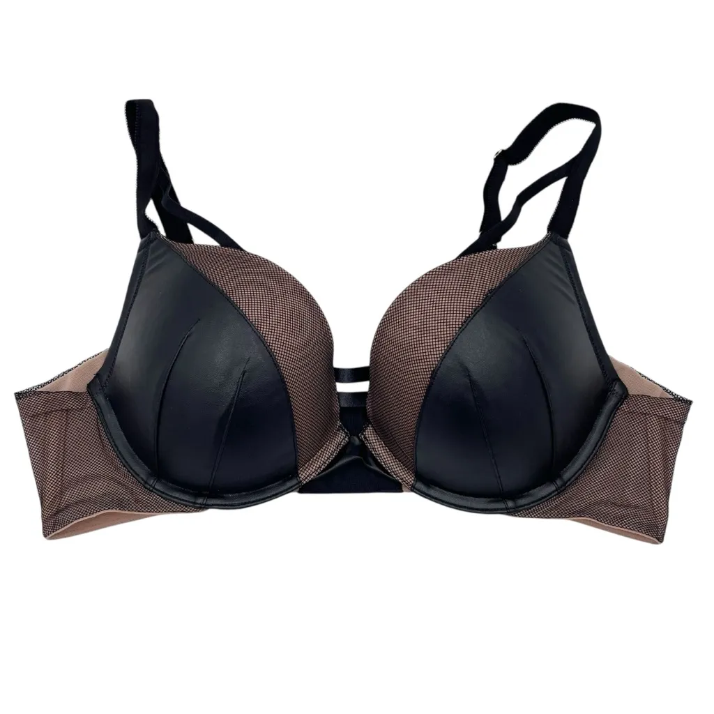 Torrid XO Plunge Push-Up Bra Size 38C Black Faux Leather Mesh Underwire Strappy - Image 3