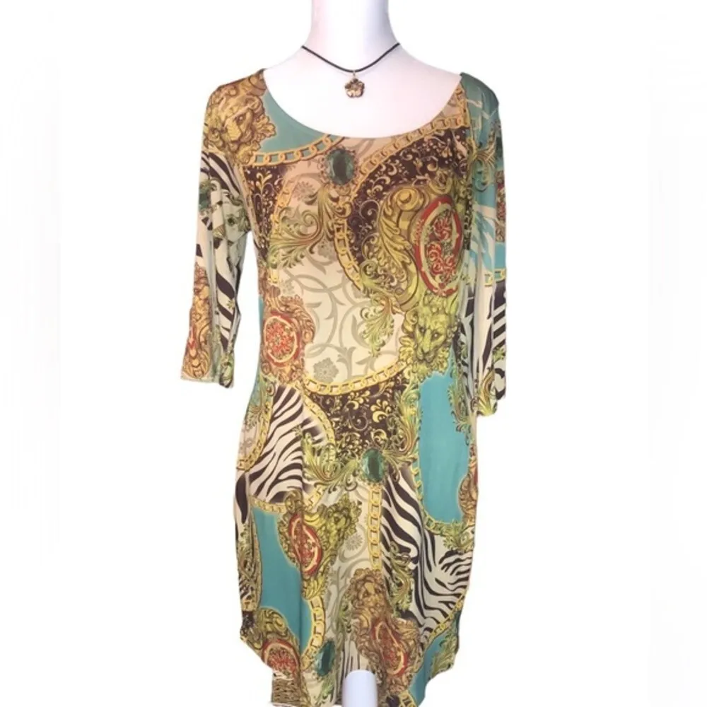 Fresh of LA Baroque Print Lion Chain Turquoise 3/4 Sleeve Tunic Dress Women's Tan Size undefined - Image 2