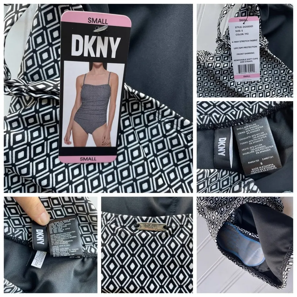 DKNY Swimsuit One Piece Black White Geo Small Bandeau UPF SPF Stretch Straps - Image 5