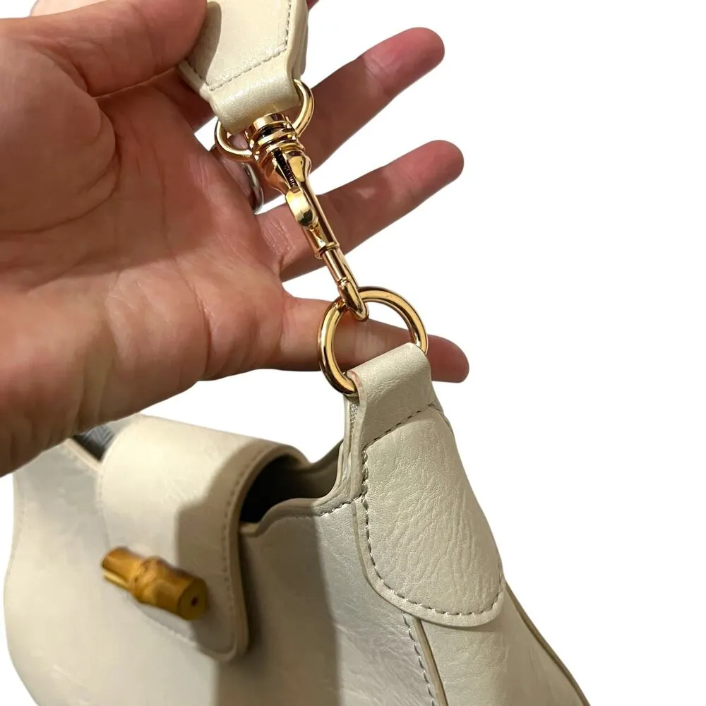 Pretty Simple Cream Vegan Leather Bamboo Shoulder Bag Brown - Image 10