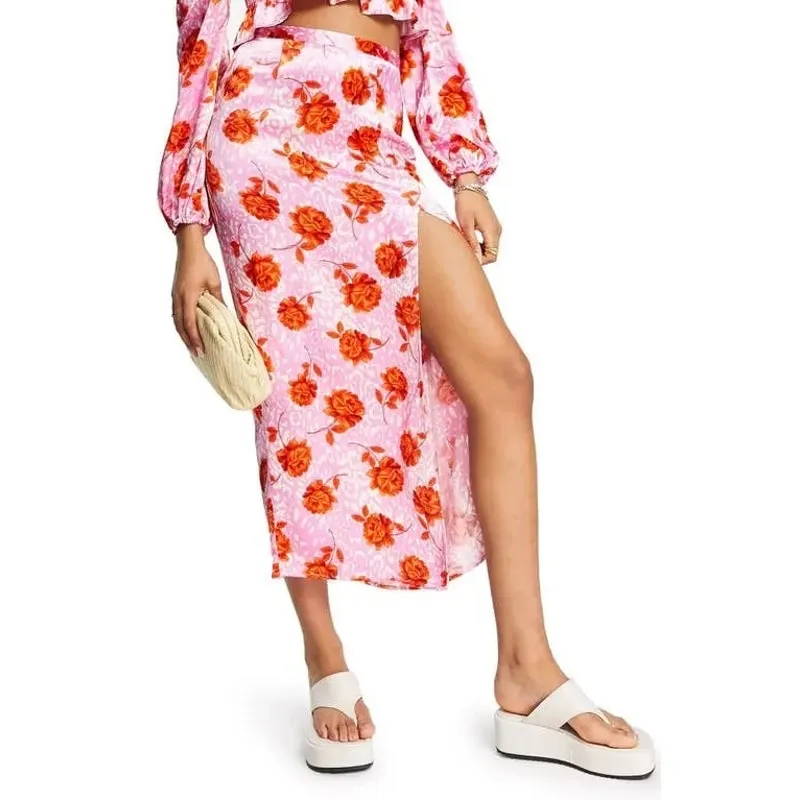 Topshop ASOS Pink Floral Midi Skirt Sz 2 Side Slit - Image 2