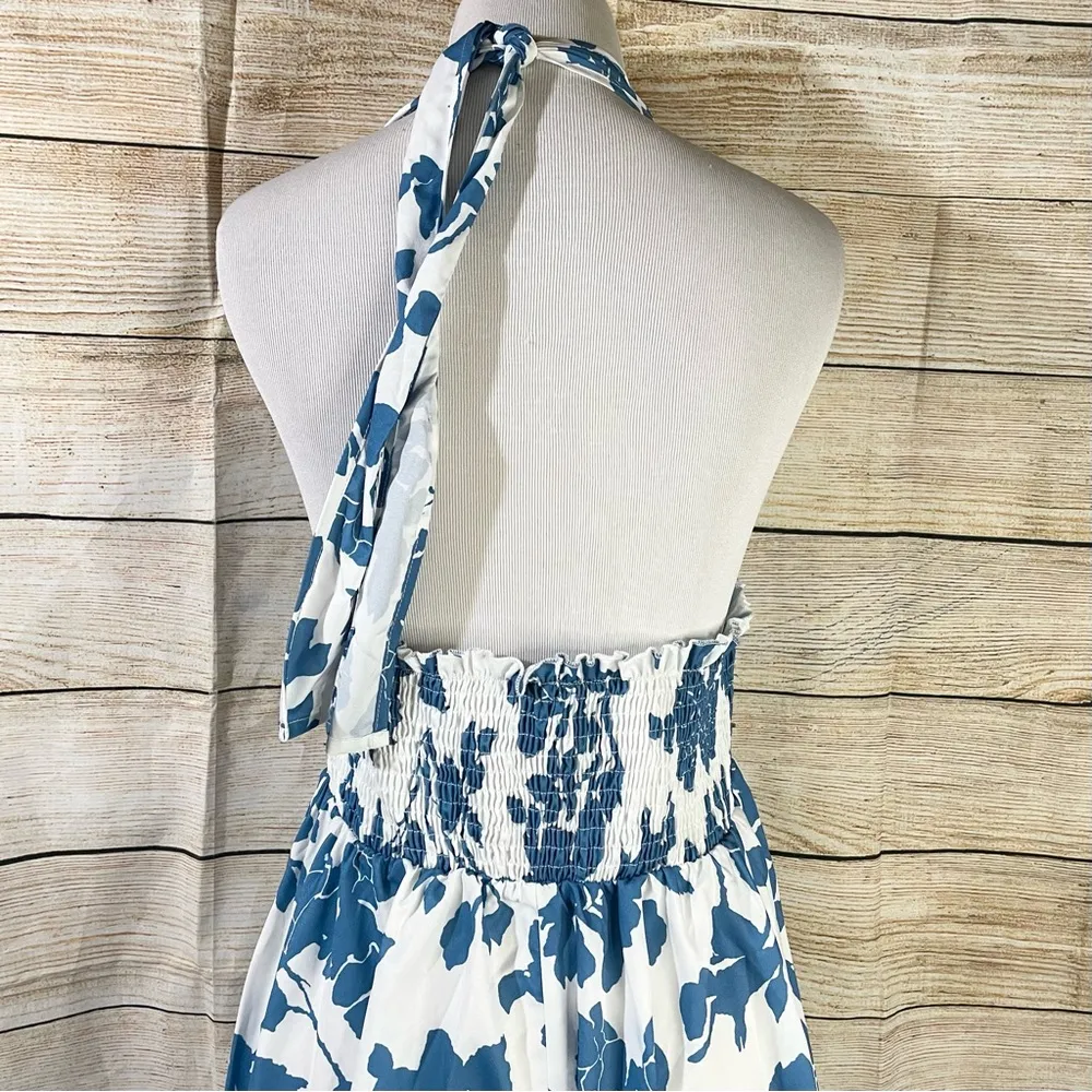 floral halter shirred waist A-line blue dress womens Size Large - Image 11