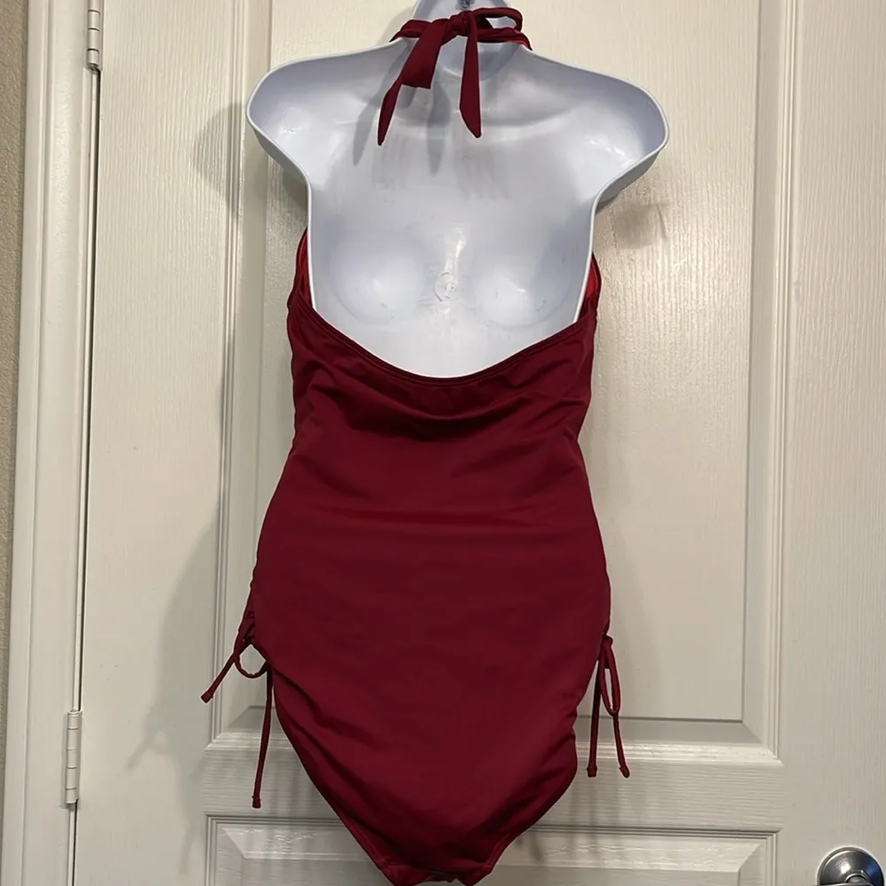 Women’s LOFT Beach Maroon Side Tie Halter V-Neck Swimsuit Size 12 EUC #1925 - Image 6
