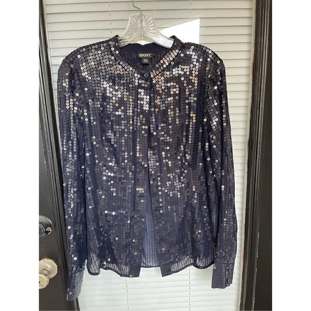 DKNY Sequin Long Sleeve Sheer Silk Blend Blouse Blue Size S - Image 7