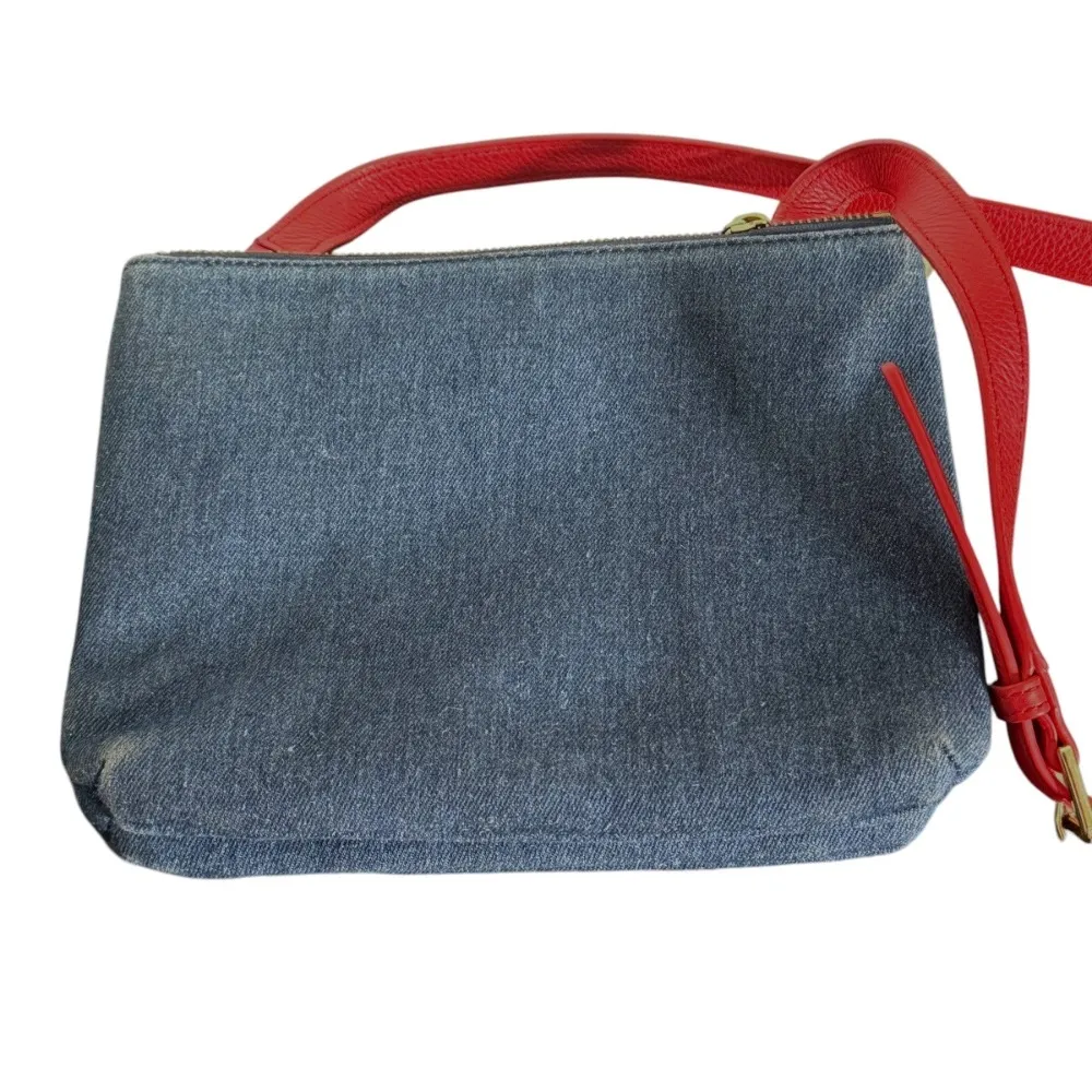 Talbots Denim Double Zip Crossbody Bag Red Leather Strap Buckle Accent‎ - Image 6
