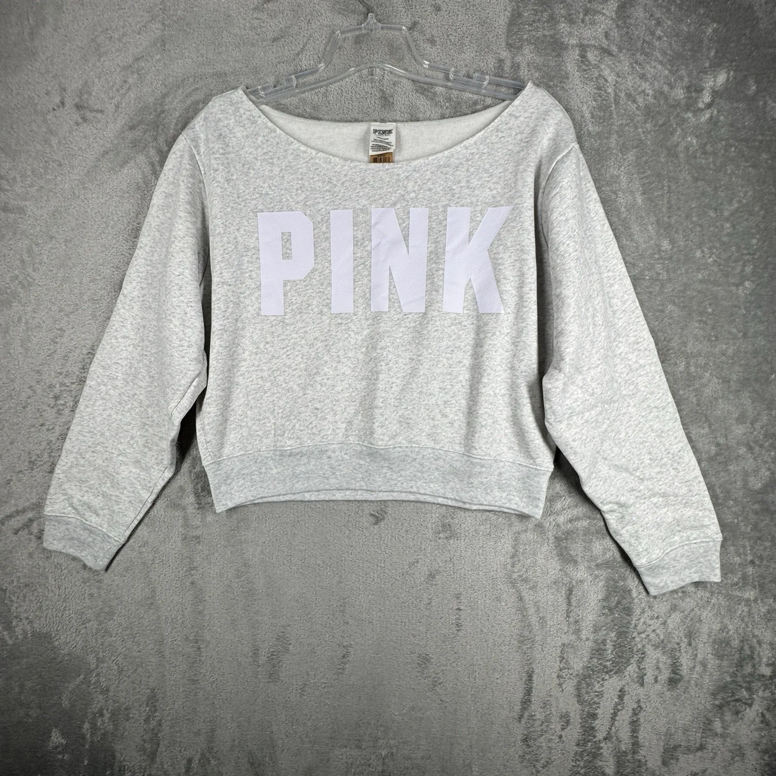 Victorias Secret PINK Shirt Womens‎ Large Gray White Fleece Cropped Sweatshirt - Image 2