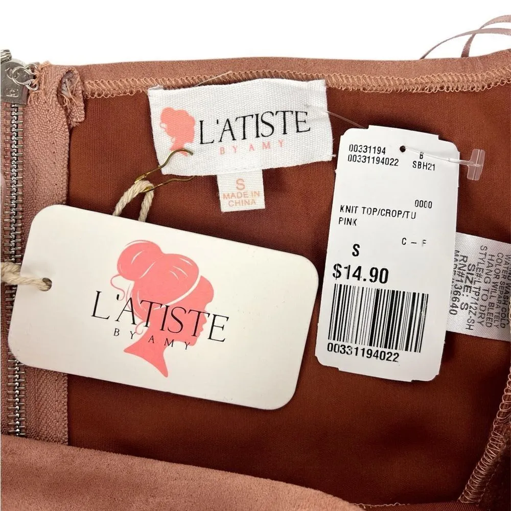 L'Atiste By Amy Light Brown Taupe Faux Suede Crop Tube‎ Top Pants Set Size Small - Image 8