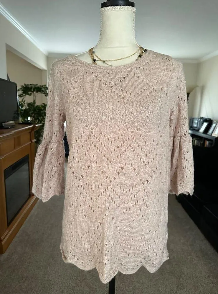 Lauren Conrad 3/4 Bell Sleeves Hem Crochet Knit Relaxed fit Cream - Image 2