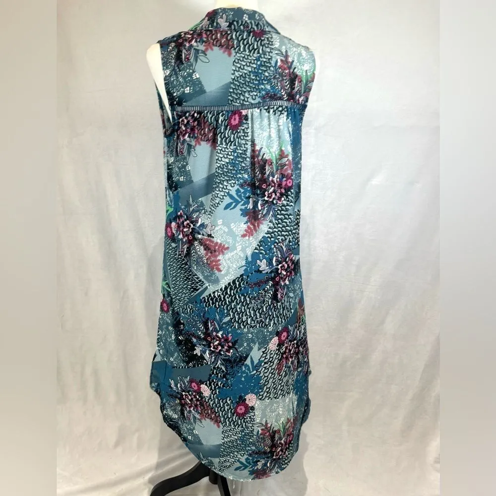 blue abstract print button down shirt dress size small - Image 4