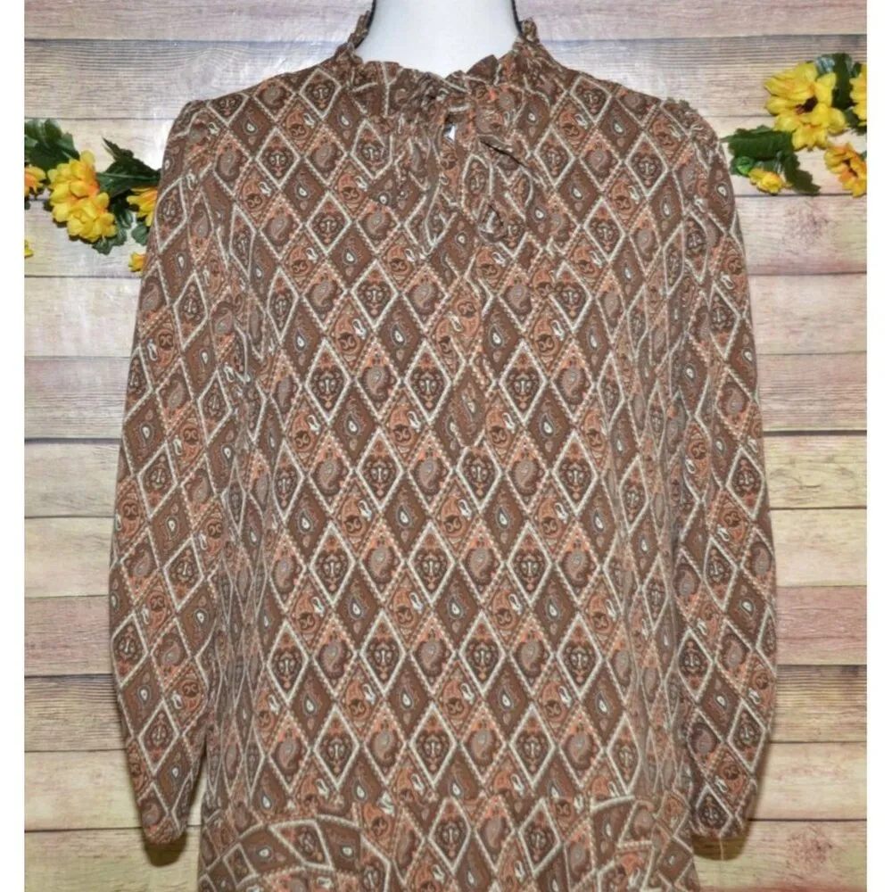 THML Anthropologie Brown Geometric Paisley Print Dress Tie Neck Size M Old Money - Image 3