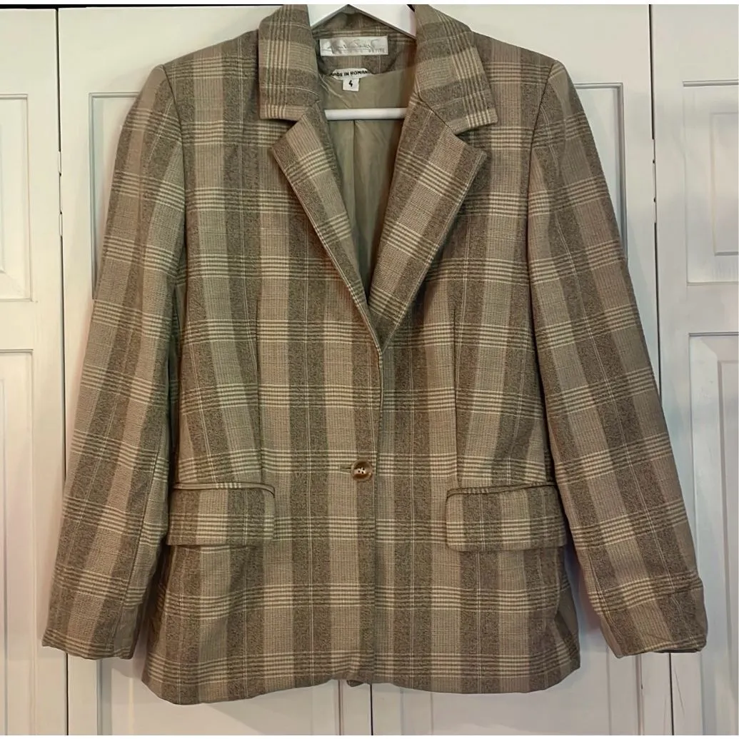 Gloria Vanderbilt vintage 100% wool grey plaid single button blazer - Image 9