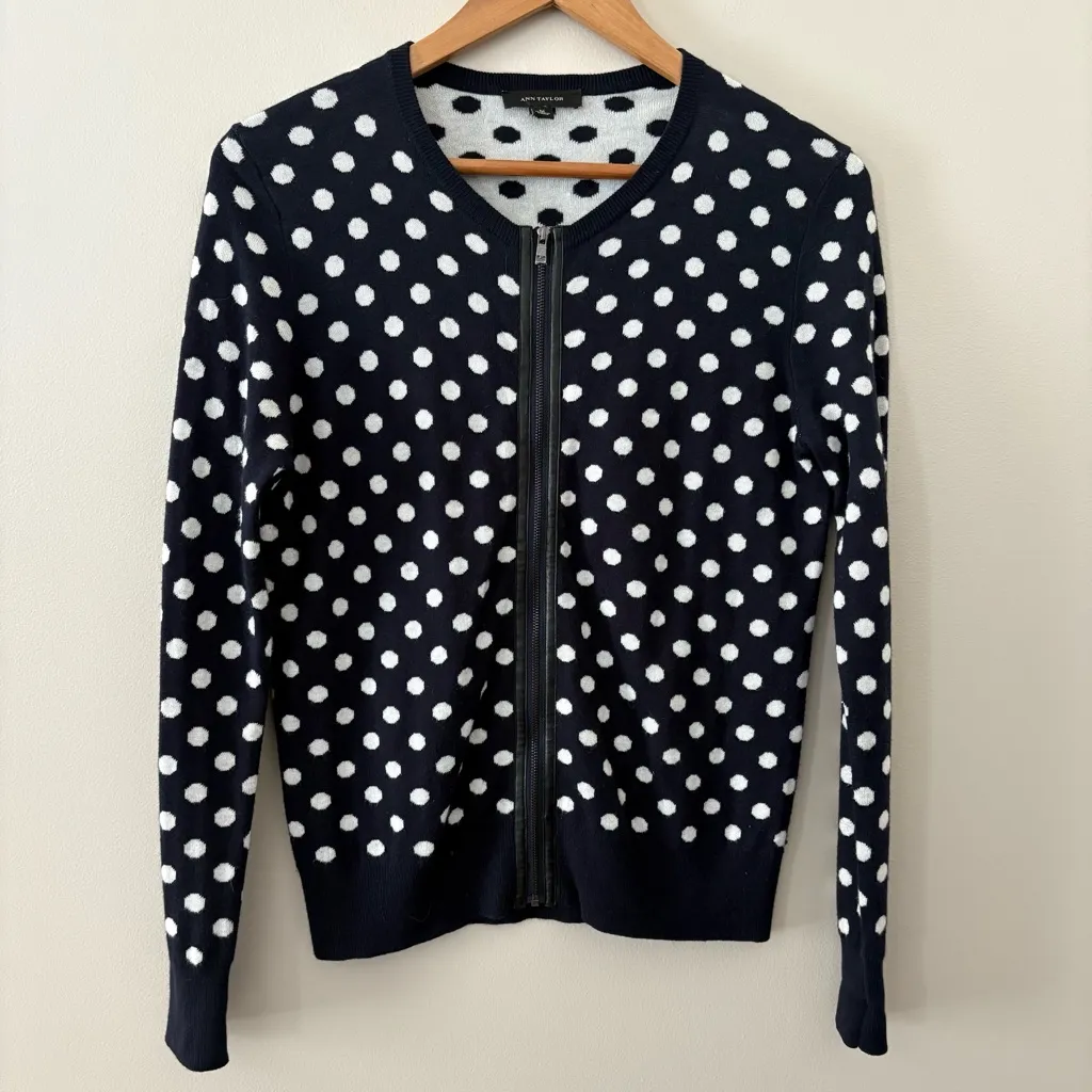 Ann Taylor Polka Dot Zip Cardigan Viscose Cashmere Blend Navy White Size M - Image 4