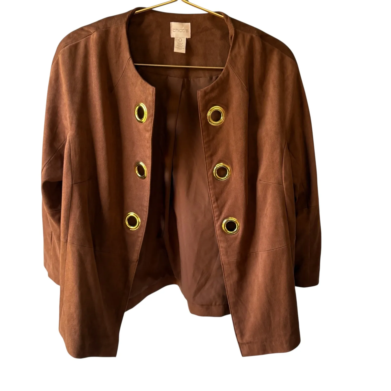 Chicos Womens Brown Faux Suede Eyelet Grommet‎ Gold Accent Jacket Size Small - Image 4
