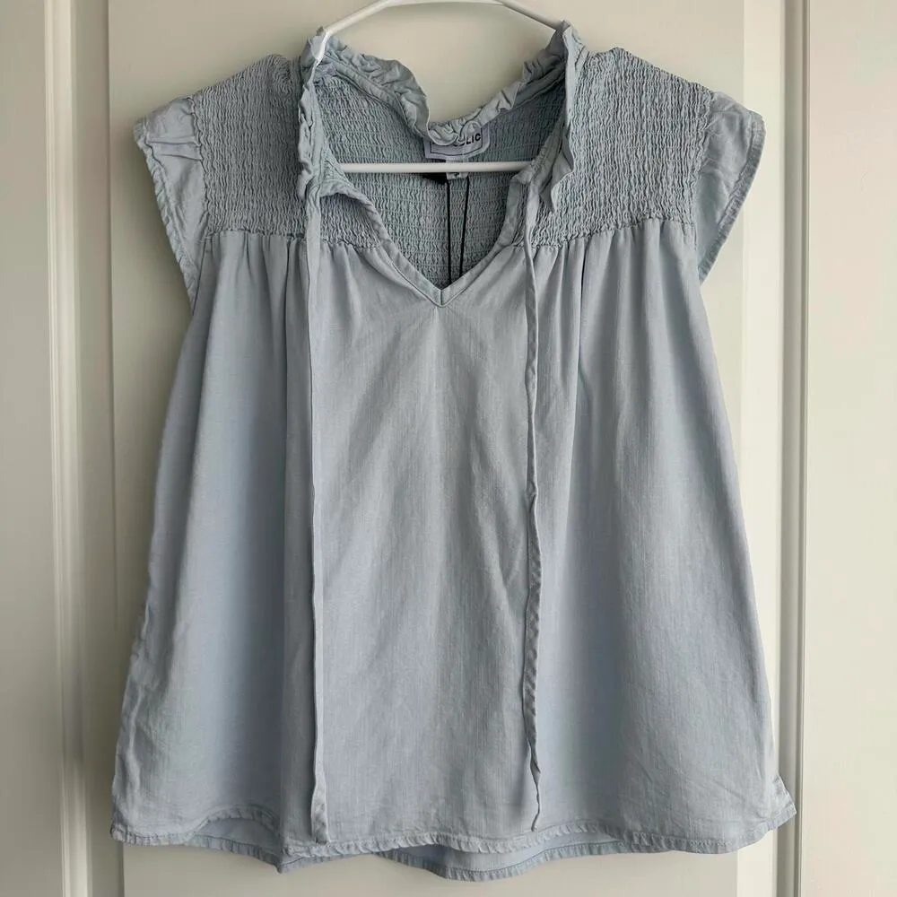 For The Republic Smocked Ruffle Sleeveless Top XS Baby Blue Chambray - Image 4