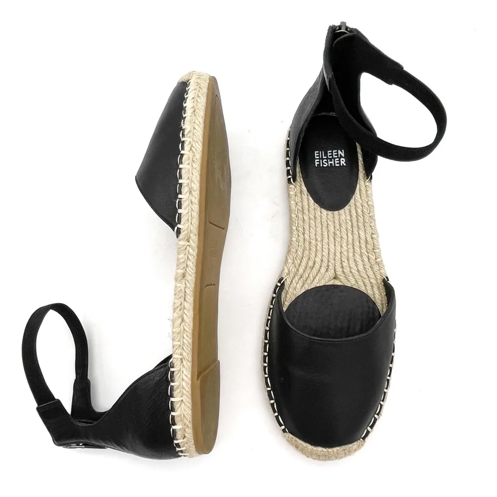 Eileen Fisher Lala Leather Espadrille Flats Black Size 8 Ankle Strap Sandals - Image 3