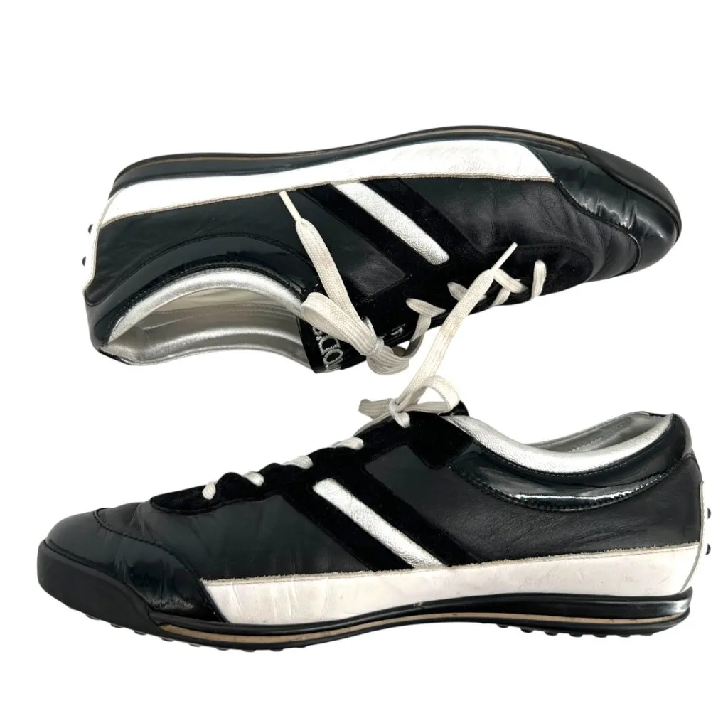 Tods Driving Sneakers Black White Metallic Leather Lace-Up Size 38/8 - Image 4