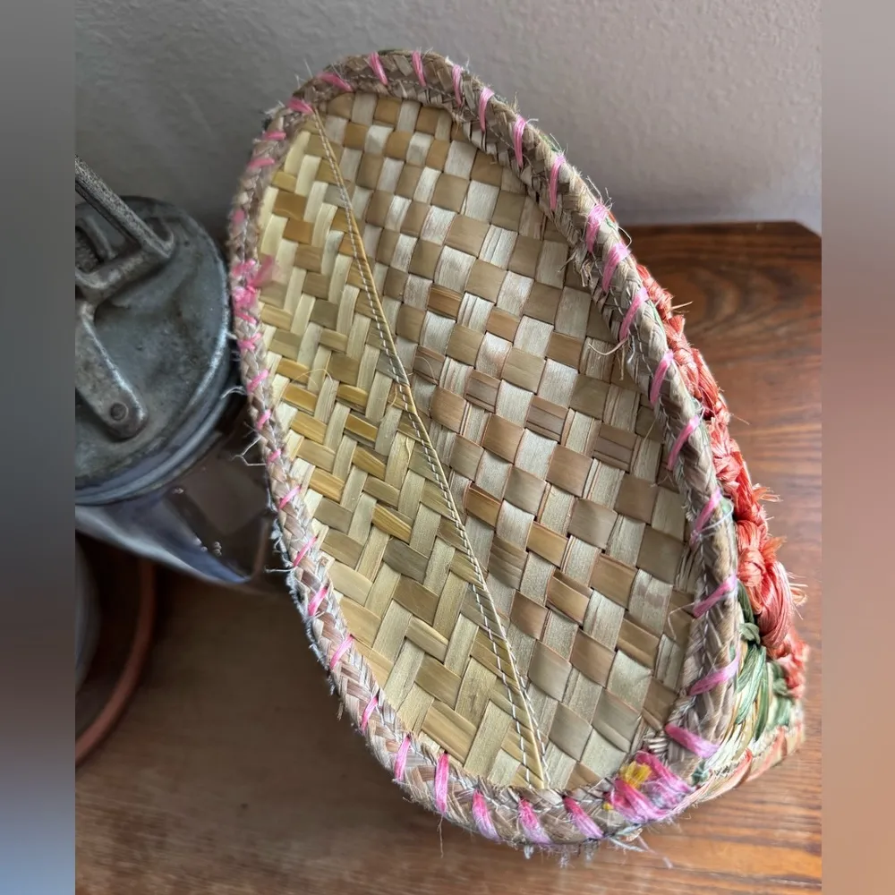 Hand‑woven Straw Floral Tote with “Bahamas” Stitching — Beach Chic 13″ Straw Bag Tan - Image 8