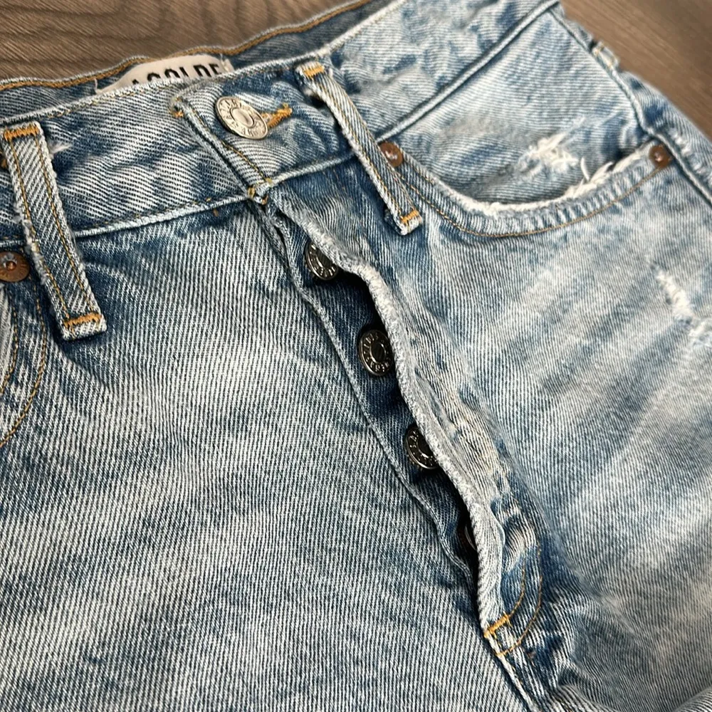 Agolde High Rise Distressed Frayed Button Fly Blue Jean Shorts Size 24 - Image 5