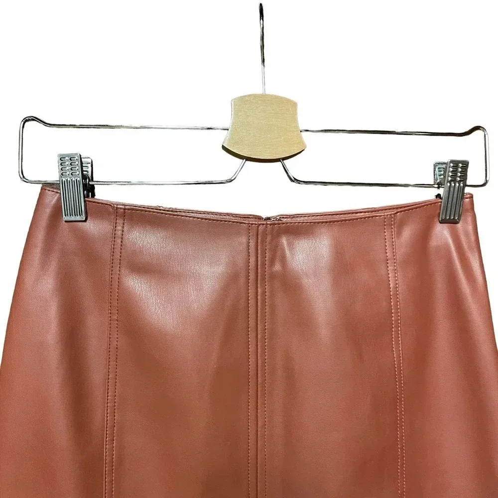 Free People Modern Femme Vegan Leather Skirt Cognac Brown Tan Size 0‎ - Image 4