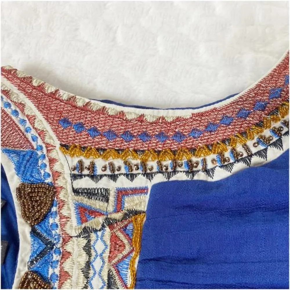 Luxoloxy Blue Sleeveless Beaded Crepe Embroidered Boho Dress - S‎ EUC - Image 10
